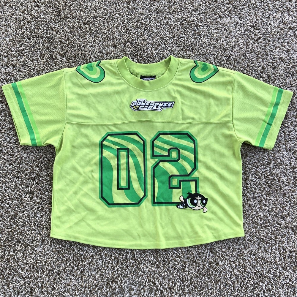 Powerpuff Girls Crop Top Football Jersey Buttercup Womens Size S Green Embroider